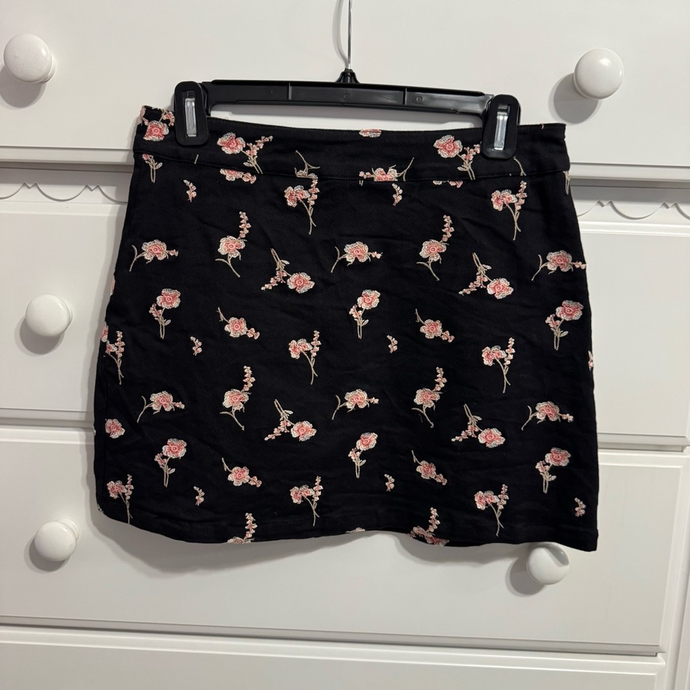 Blue Rain Black Mini Skirt with Pink Floral Design